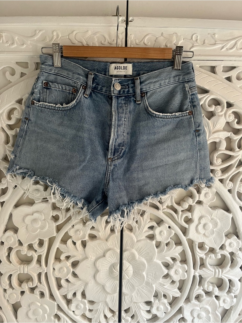 AGOLDE Parker High Rise Raw Hem Denim Shorts Size 24